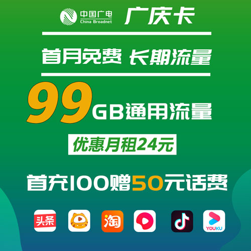 广电广庆卡 24元99G通用流量 长期流量 收货地为归属地