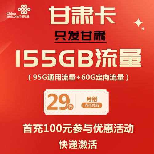 联通甘肃卡 29元95G通用+60G定向 只发甘肃