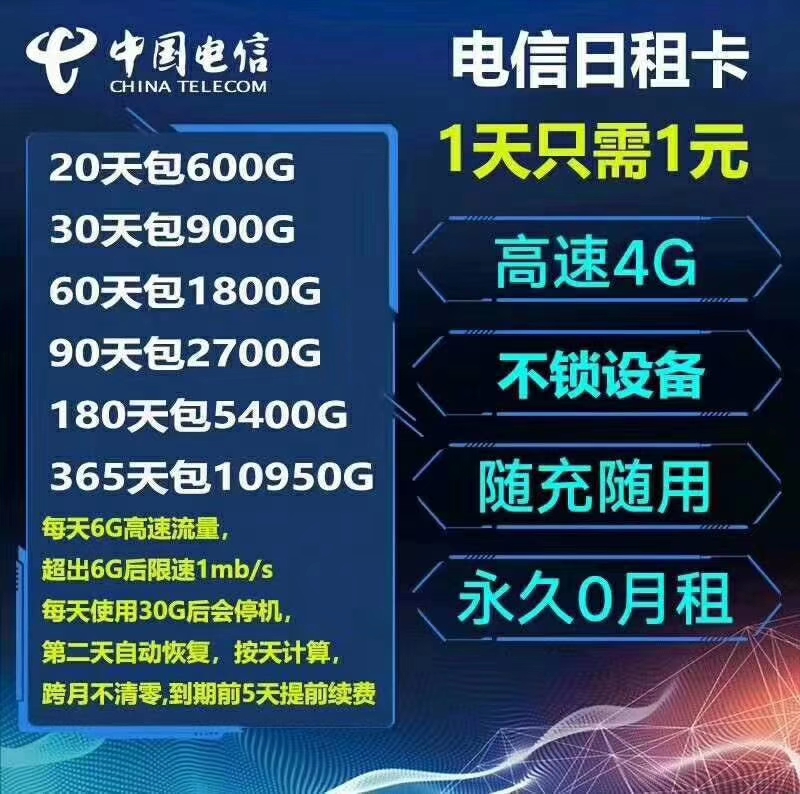 电信日租卡，大流量套餐，20天包600g,一卡多套餐