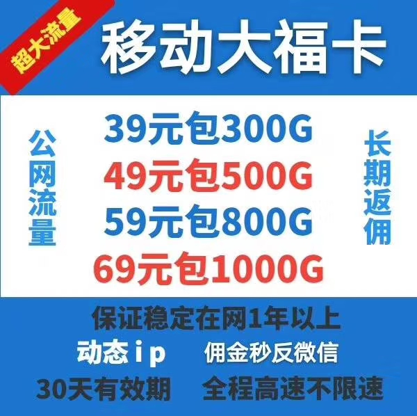 公司直营 硕朗移动大福卡，非定向动态IP，主打网速，王者吃鸡游戏卡，大流量，任性用