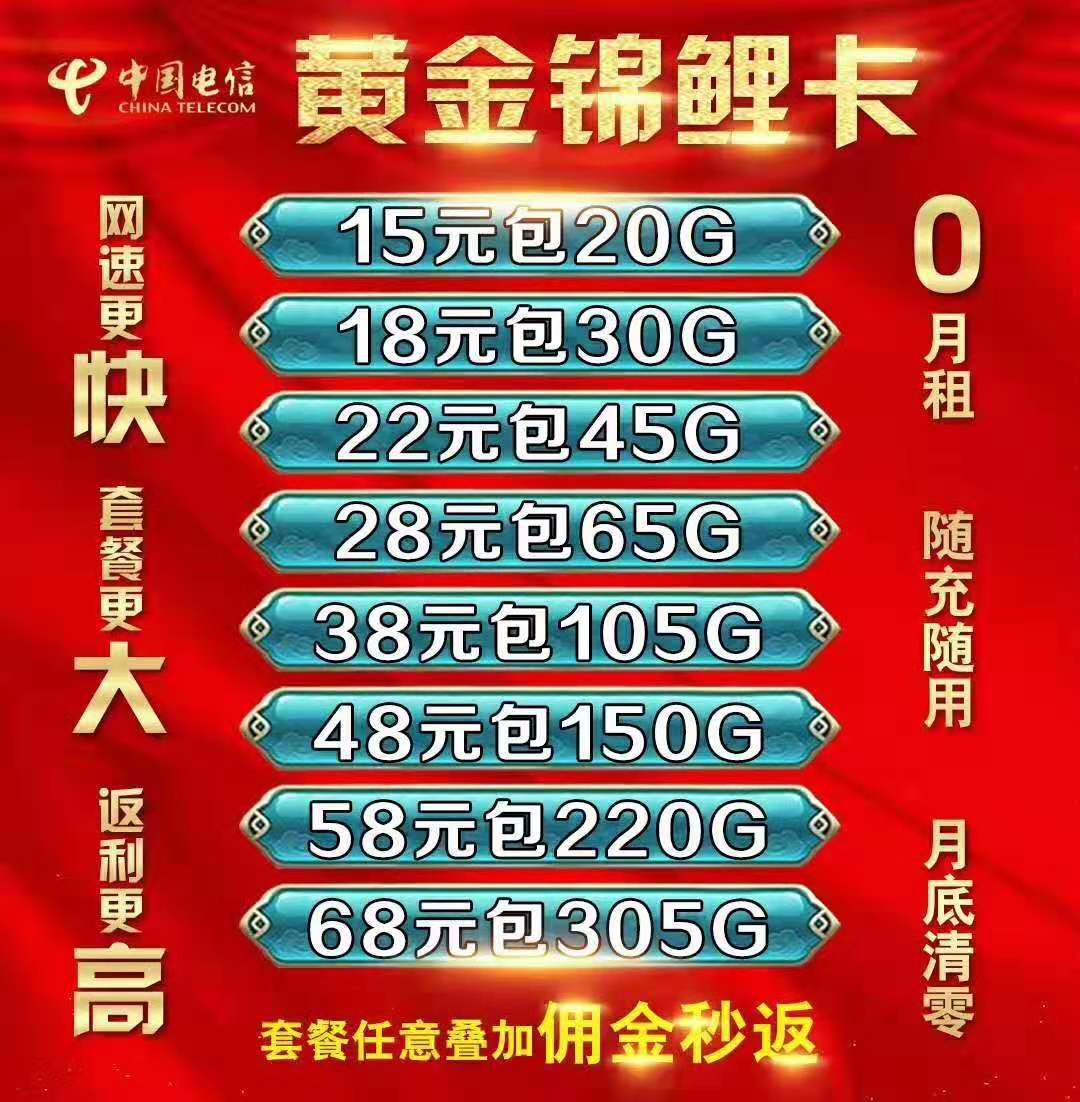 电信黄金锦鲤卡 大流量，热销款，追剧，看电视，放心用，代理政策好