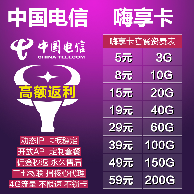 5G卡板最新电信资费，100张开后台40%返，500张即可顶返50%