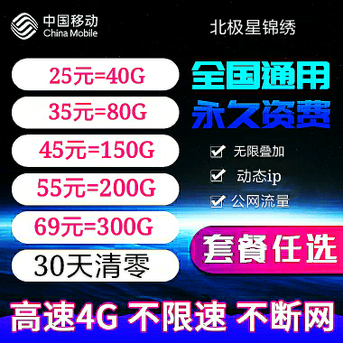 移动4G全国大流量卡 零月租