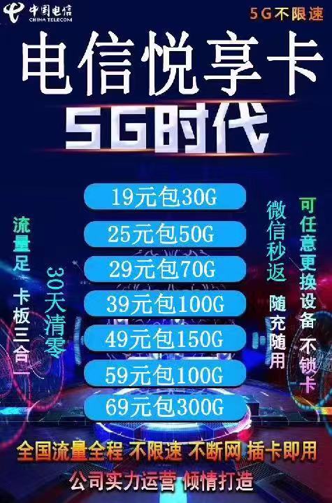 智行卡5g卡板30天清零顶返45%游戏玩家强烈推荐 超高返利，强烈推荐，挑战一切测试 运  营 商： 中国电信