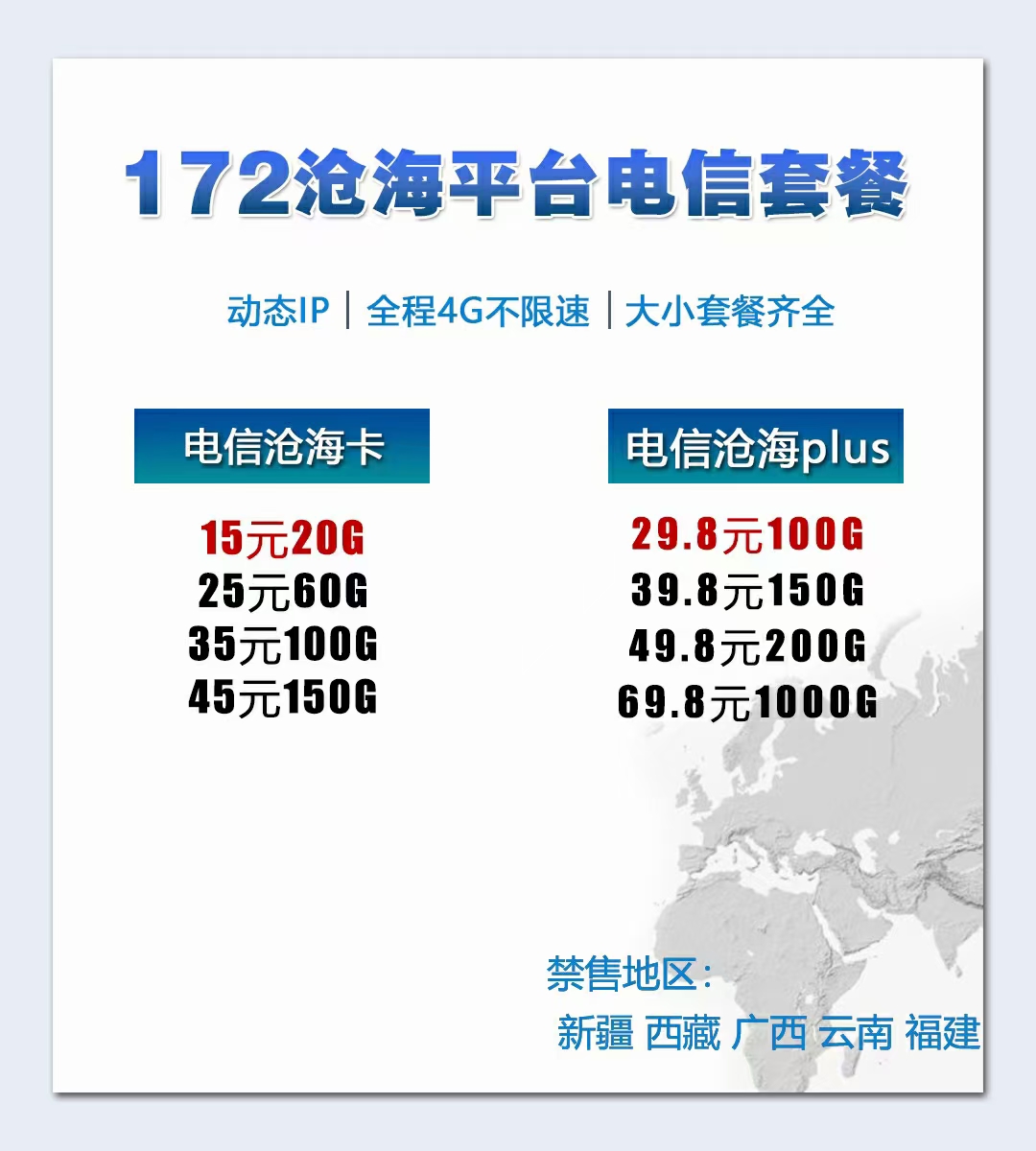 【172沧海物联】172沧海电信卡  4G卡板  不虚